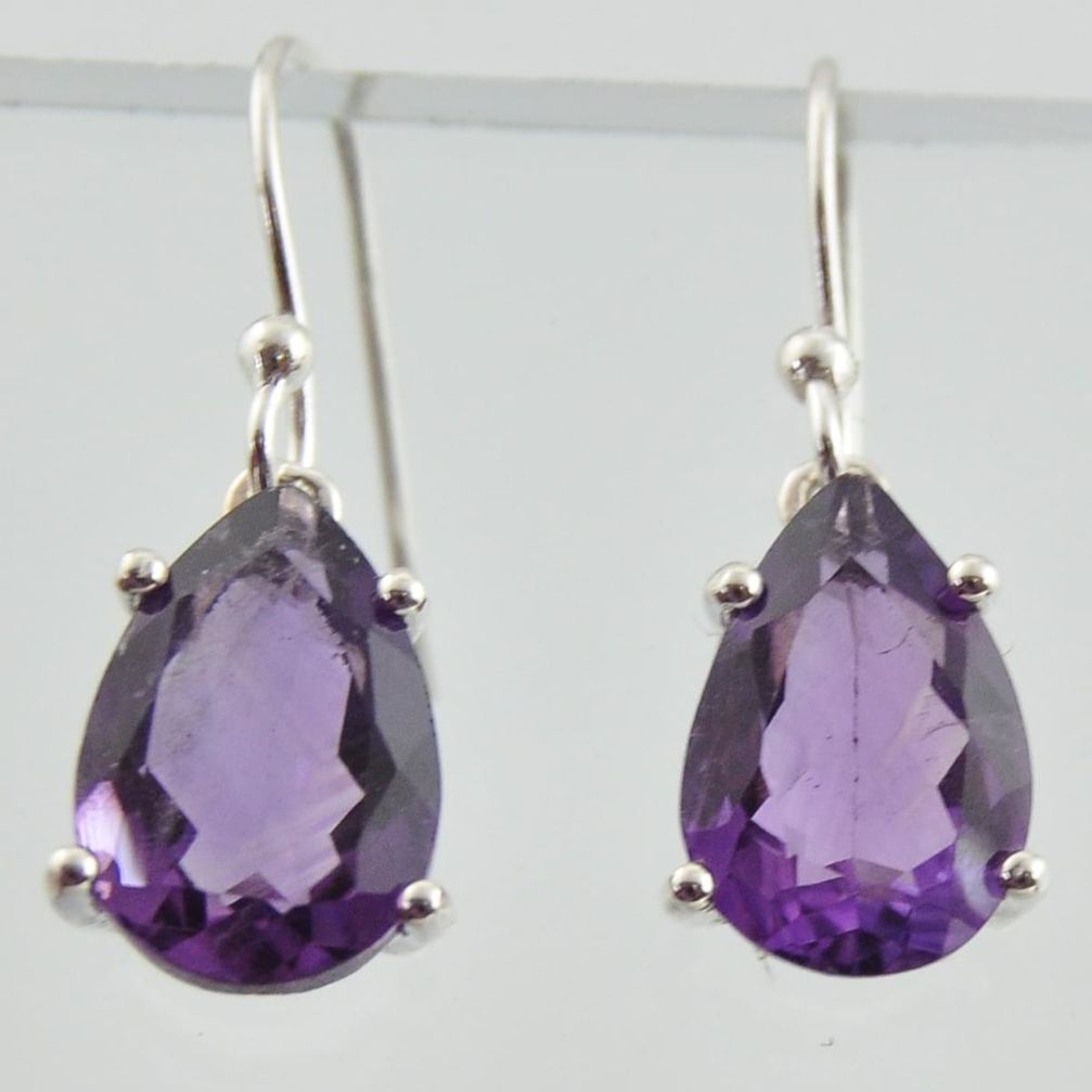 Natural purple amethyst 925 sterling silver pear drop earrings